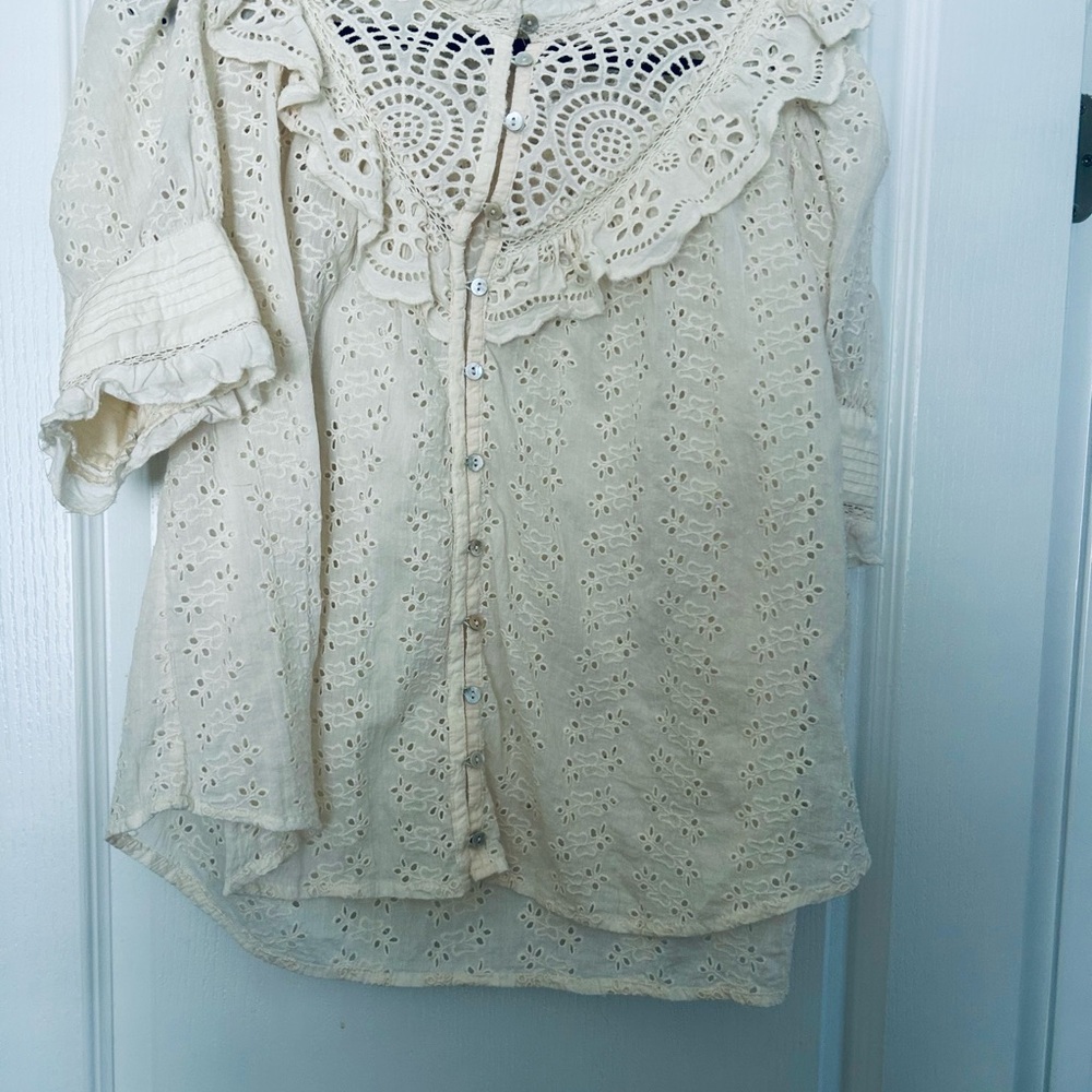 Women’s Eyelet Ruffle Button-Down Shirt — Cream - Picture 3 of 7